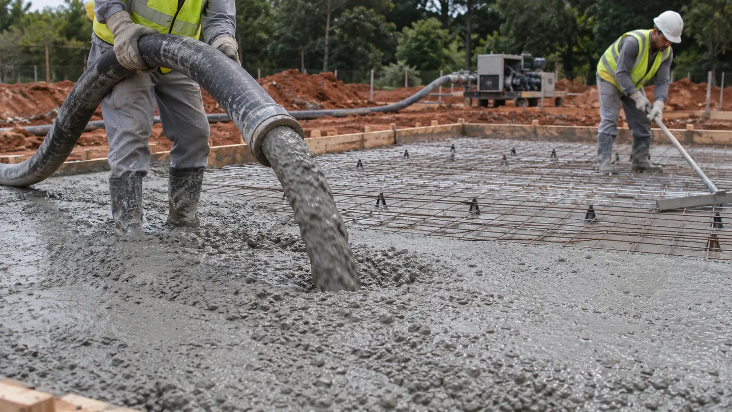 Mangote lançando concreto sobre a armadura do radier enquanto operário nivela