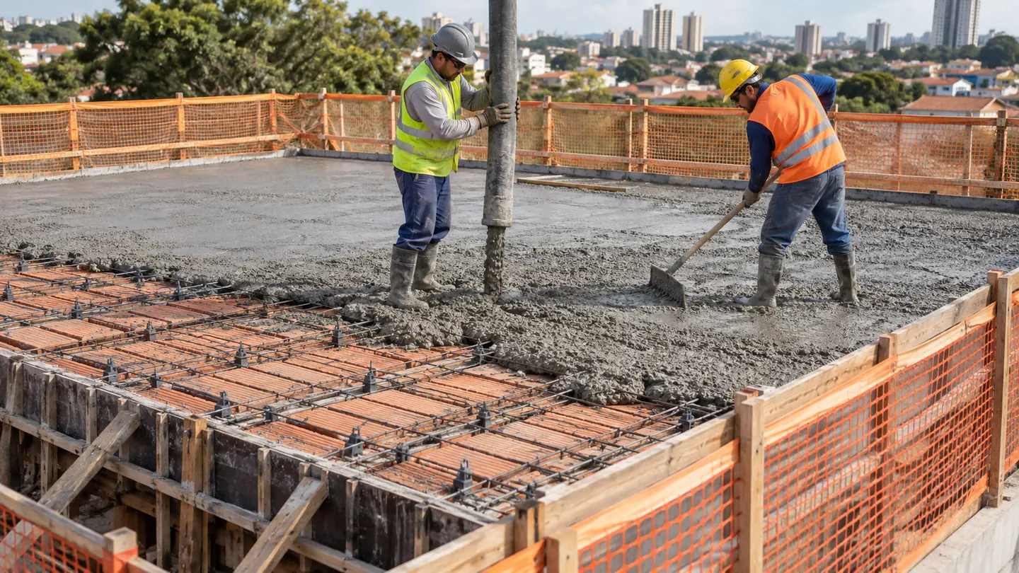 Equipe lançando concreto com mangote sobre laje com lajotas cerâmicas e armadura