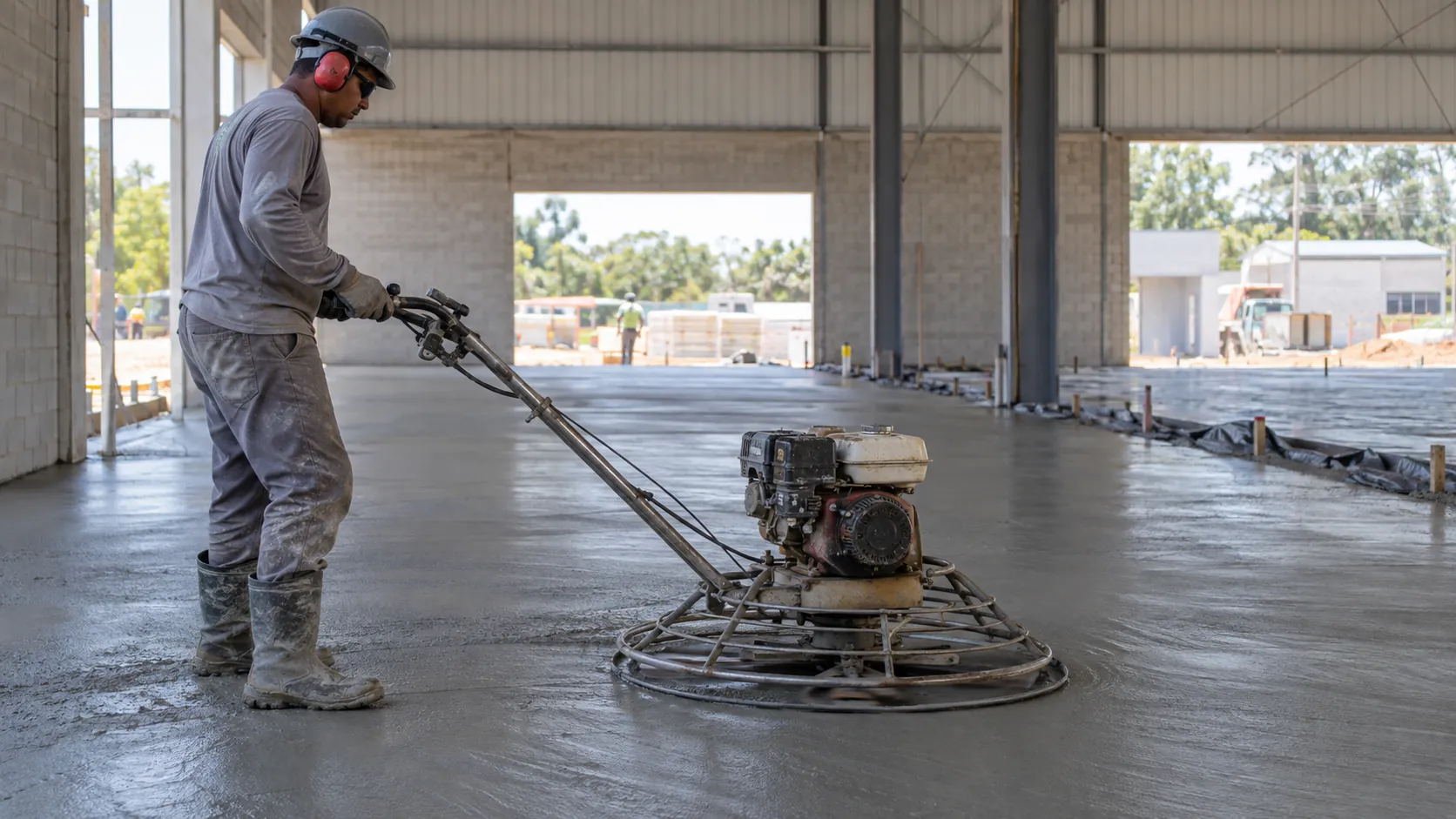 Operário usando acabadora tipo helicóptero no piso de concreto