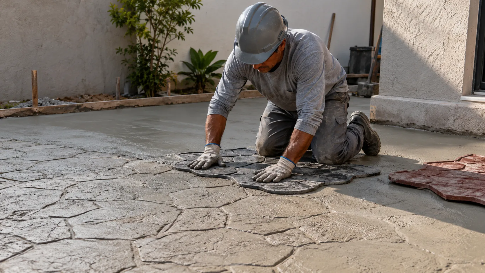 Operário aplicando estampa de pedra no concreto fresco