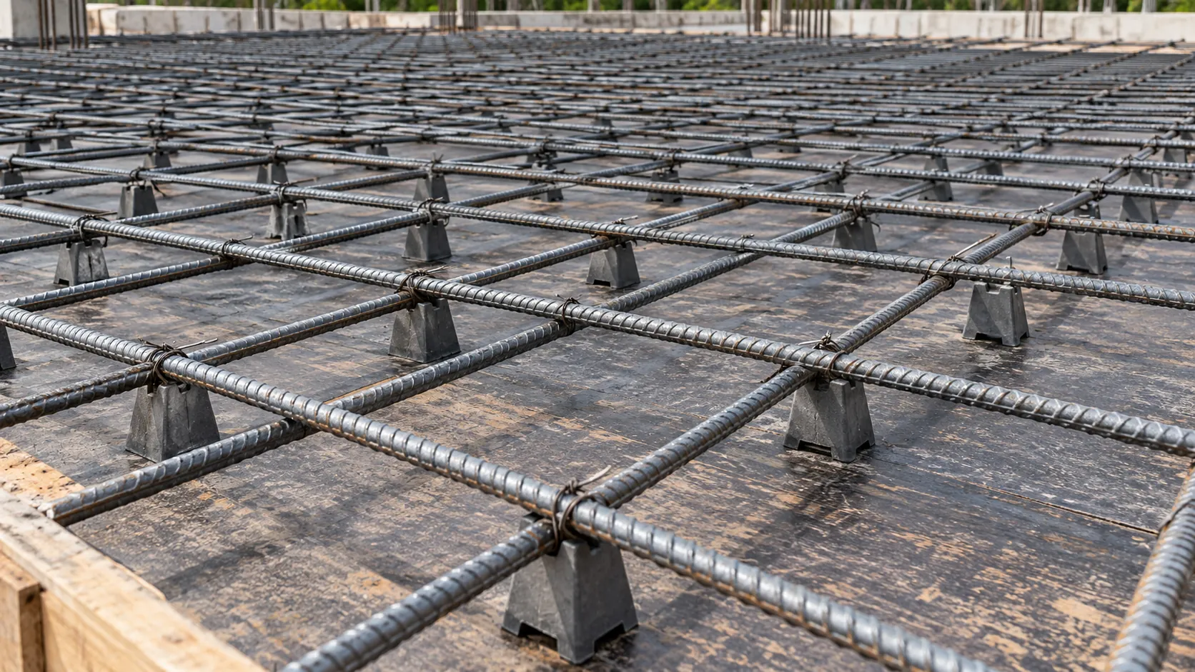 Tela de aço montada sobre espaçadores na forma da laje antes da concretagem
